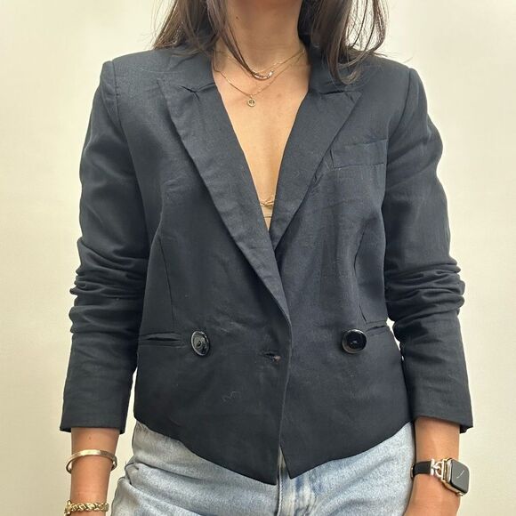 Jason Wu Blue Linen Double Breast Cropped Blazer Size M - Picture 3 of 11